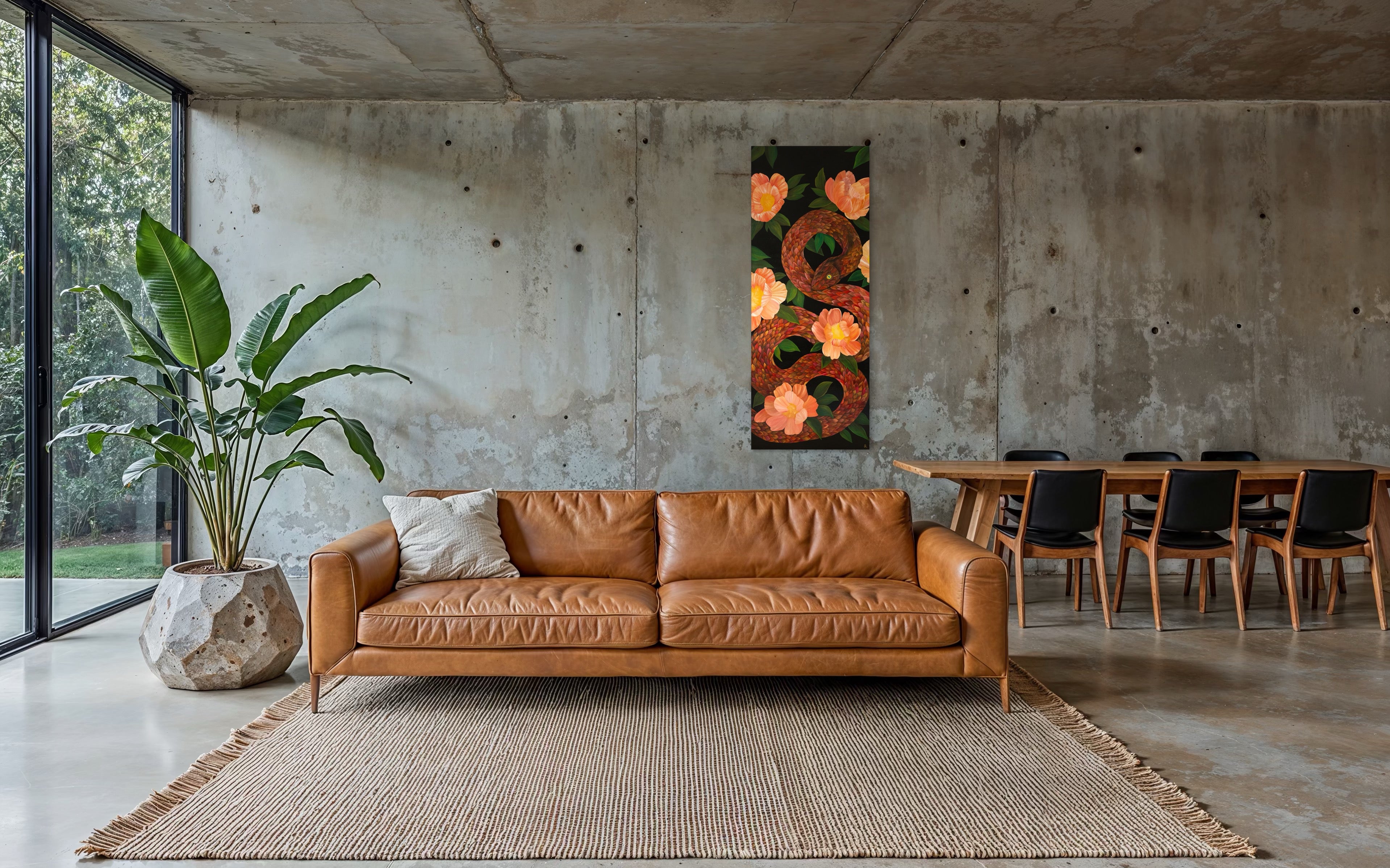 Modern living room with a brown leather sofa, rug, and Josie Ryan artwork of serpent on the wall.