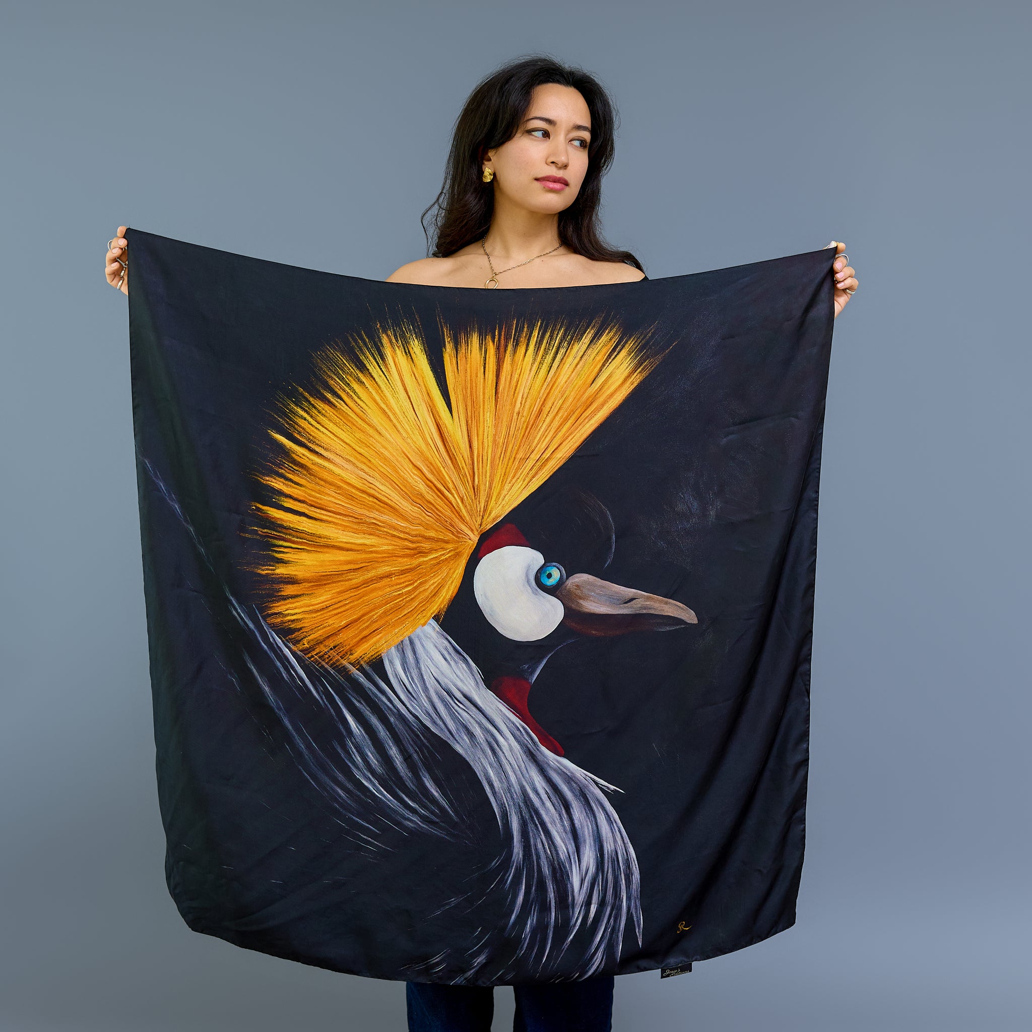 Bird - Golden Crane - Silk Twill Scarf | Wildlife Conservation Art by Josie Ryan