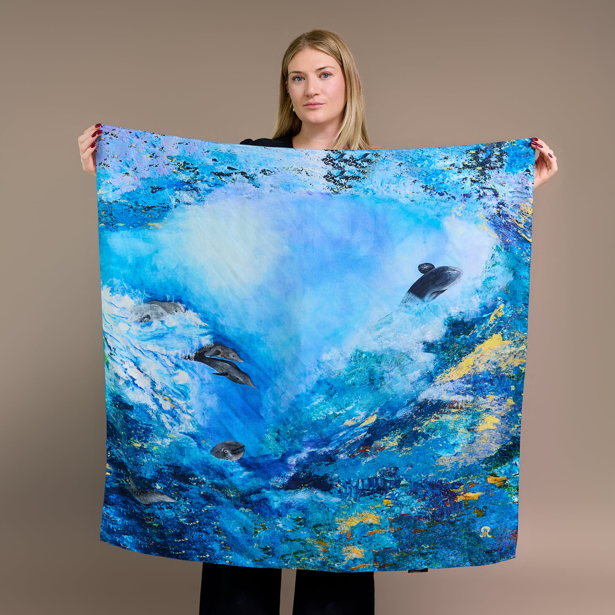 Dolphins – Silk Twill Scarf | Wildlife Conservation Art by Josie Ryan