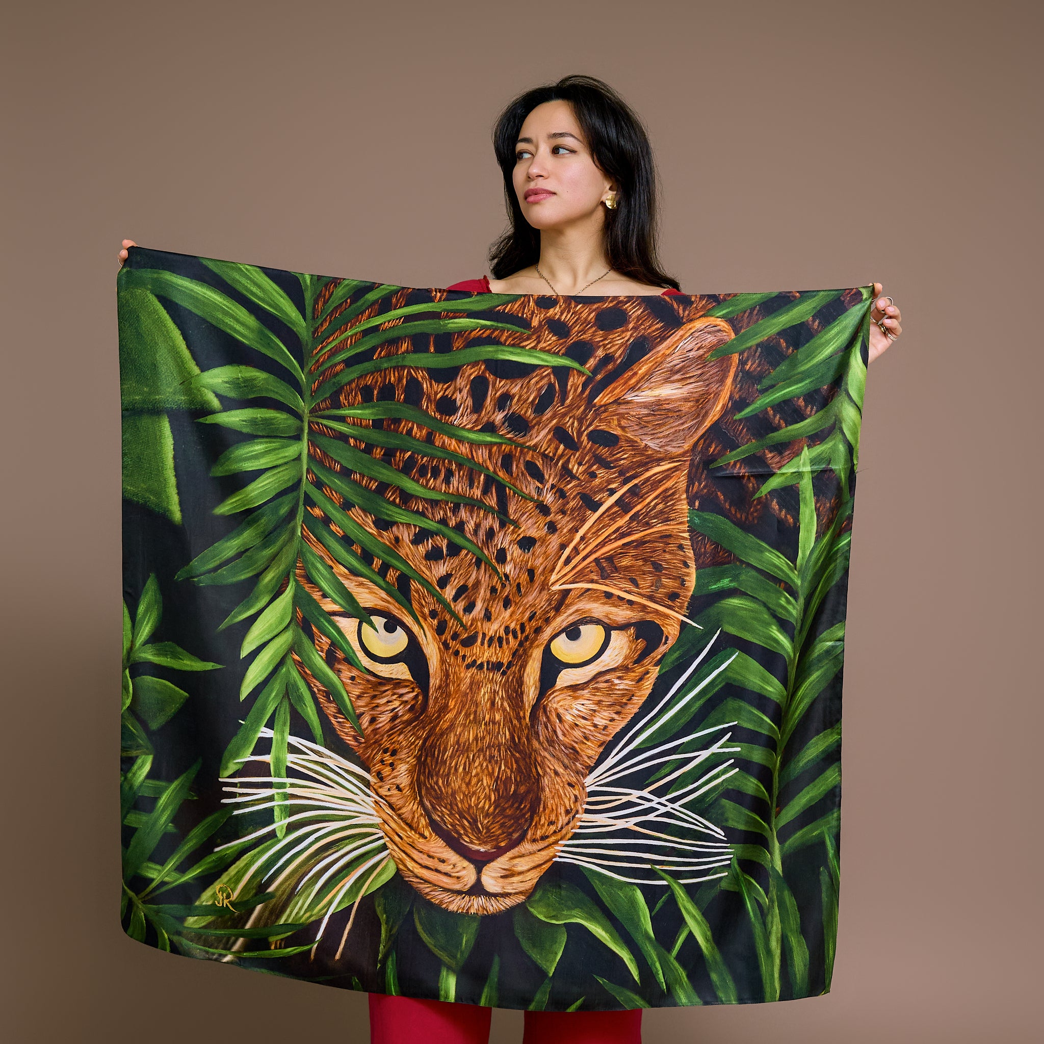 Leopard - Hidden in the Green - Silk Twill Scarf | Wildlife Conservation Art by Josie Ryan