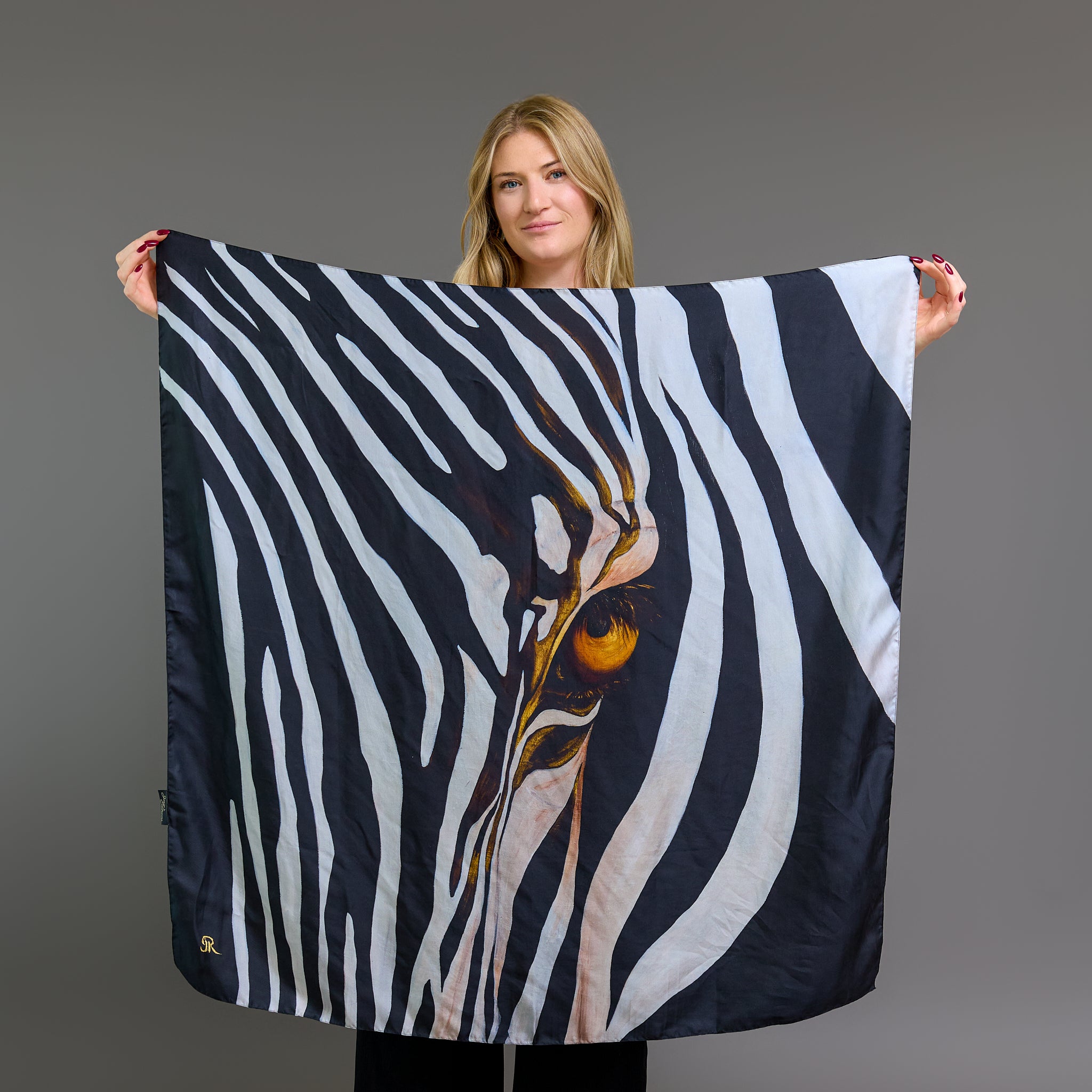 Zebra - Zebra's Gaze – Silk Twill Scarf | Wildlife Conservation Art by Josie Ryan