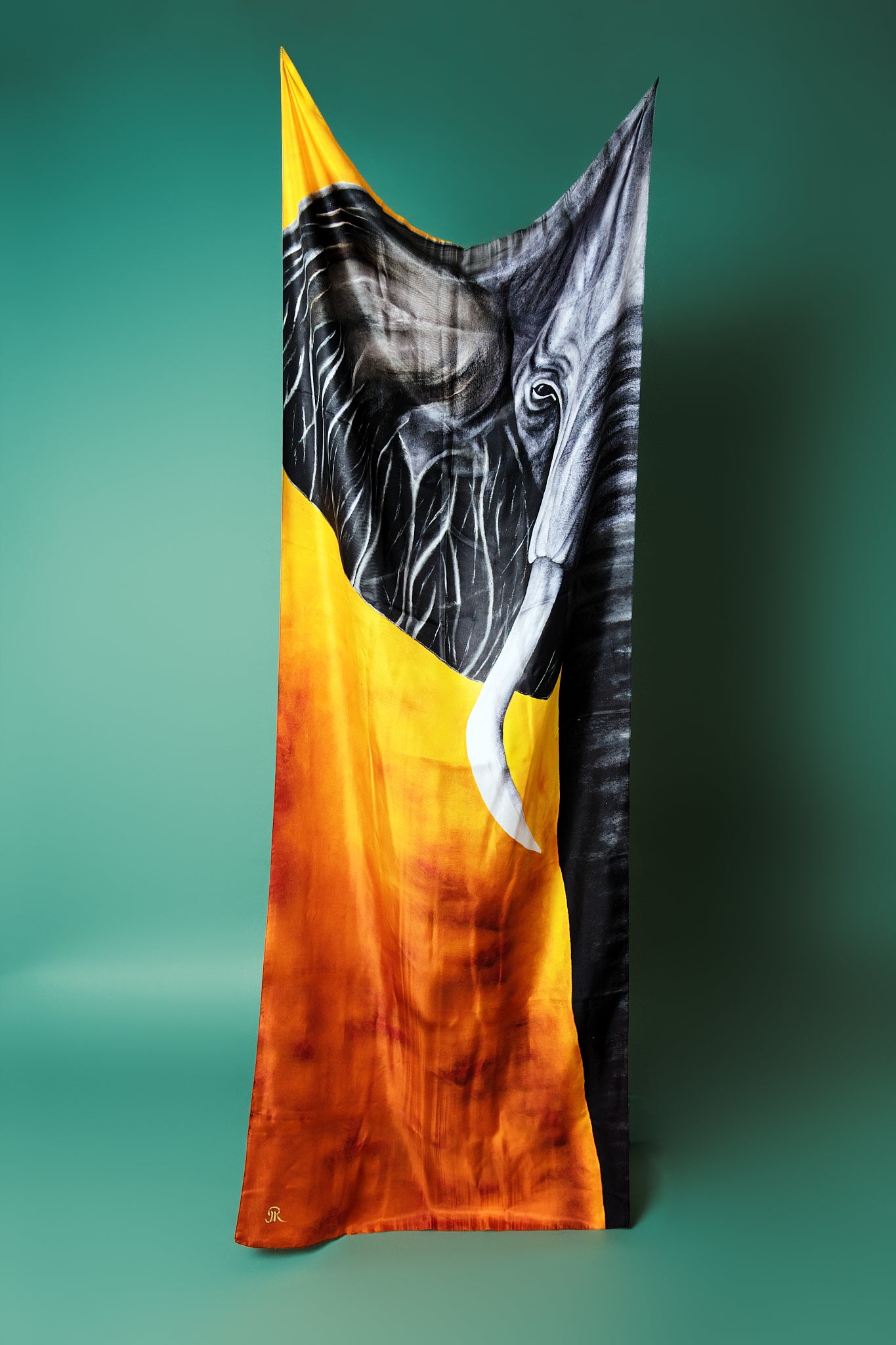 Josie's Editions - Elephant - Echoes of Time – Oblong Silk Twill Scarf - Original Wildlife Conservation Art by Josie Ryan | full draped view