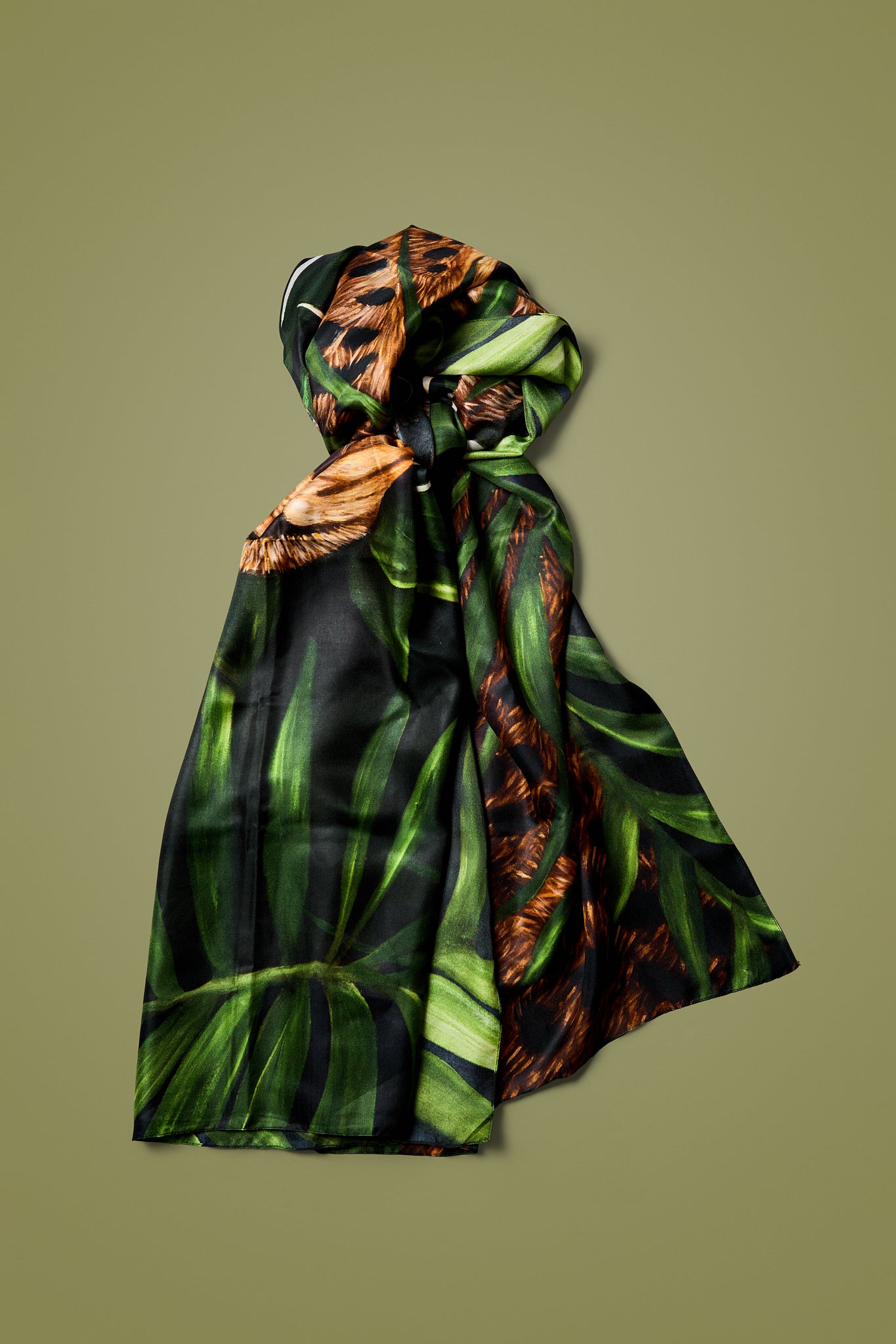 Leopard - Hidden in the Green - Silk Twill Scarf - Wildlife Conservation Art by Josie Ryan - Knotted Draped View