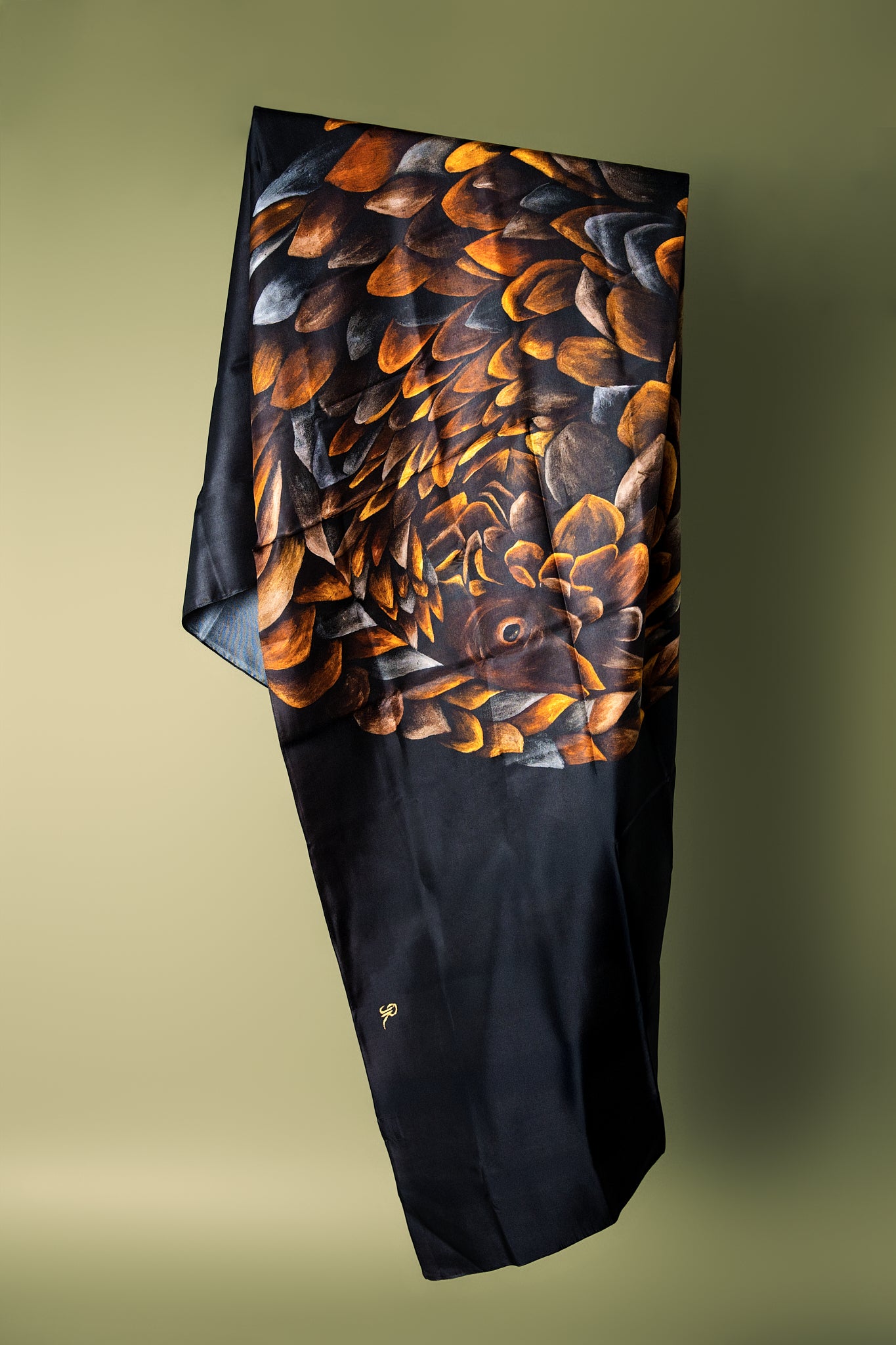 Josie's Editions - Pangolin - Ancient Wanderer – Silk Twill Scarf - Wildlife Conservation Art by Josie Ryan - draped