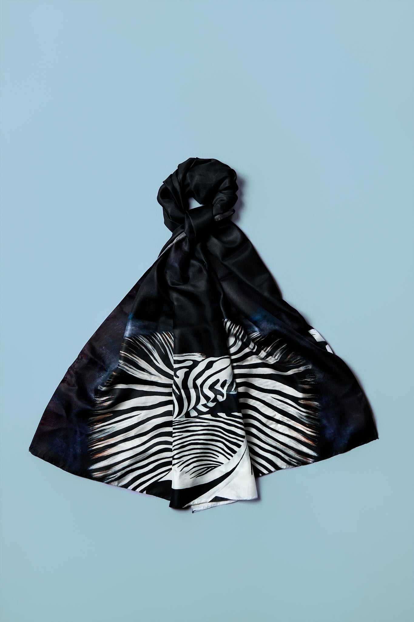 Zebra - ShadowPlay - Silk Oblong Scarf - Wildlife Conservation Art by Josie Ryan - Knotted draped view