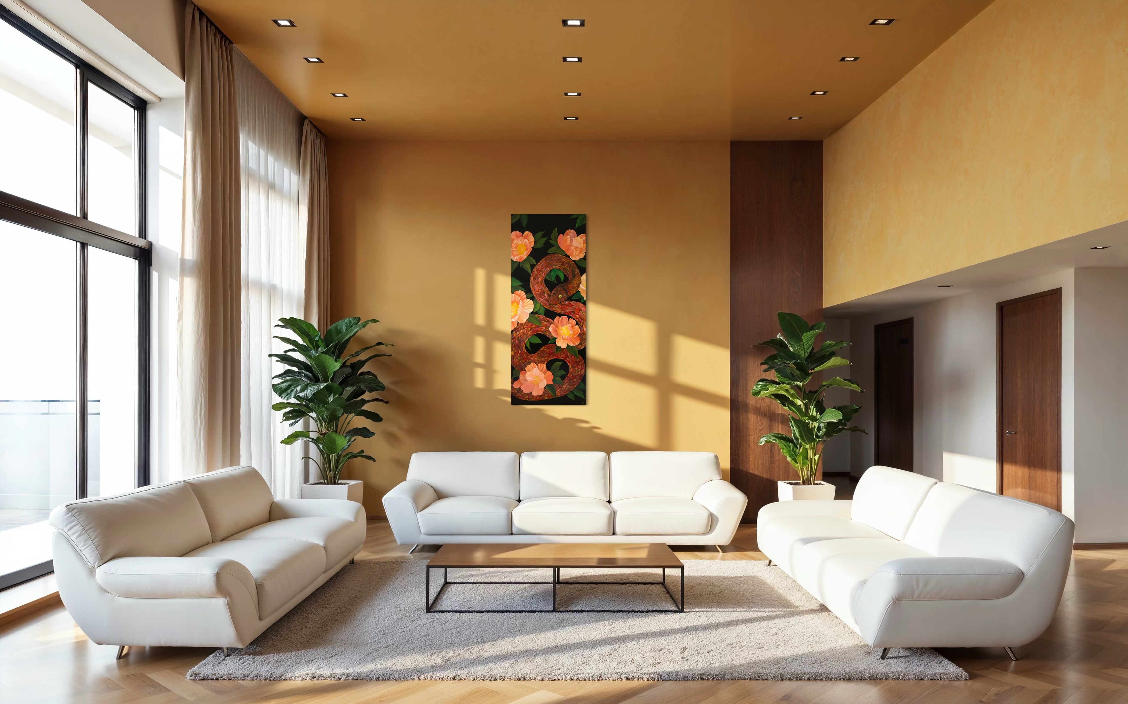 Modern living room with white sofas, a coffee table, and decorative Josie Ryan artwork of serpent on the wall.