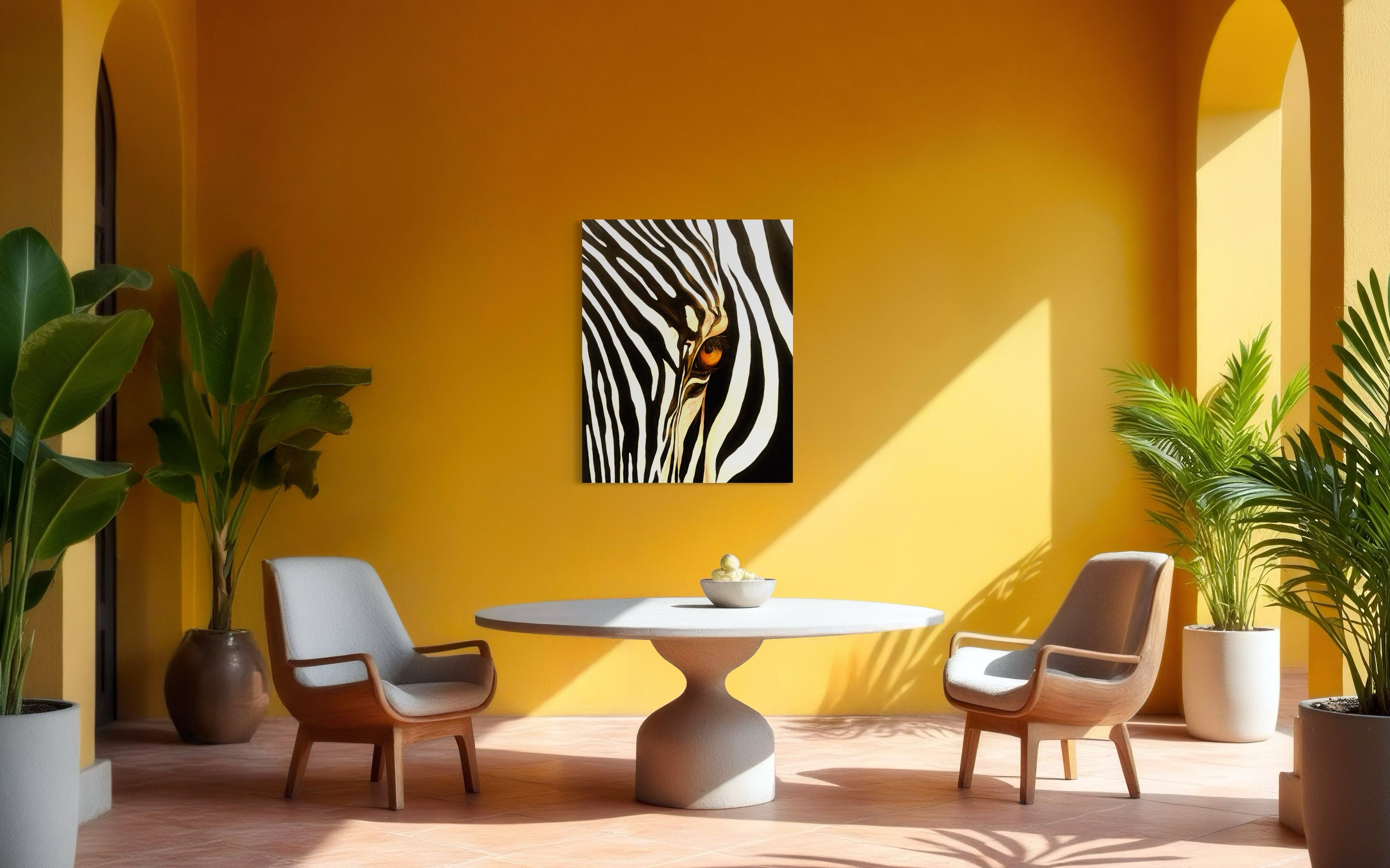 Modern interior with a zebra painting on a yellow wall, two chairs, and a table.