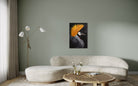 Modern living room with a beige sofa, round coffee table, and Josie Ryan abstract painting of crested crane on the wall.