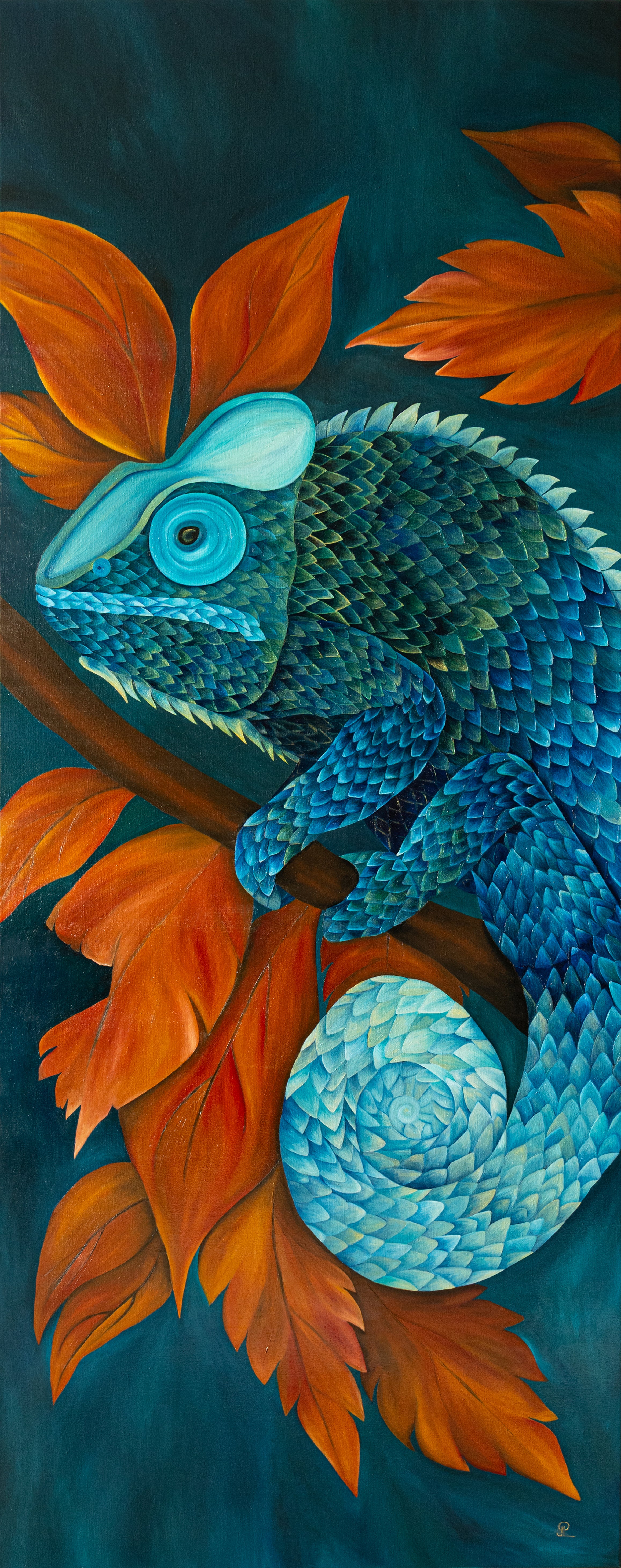 Chameleon Coiled in Turquoise | Wildlife Conservation Art by Josie Ryan