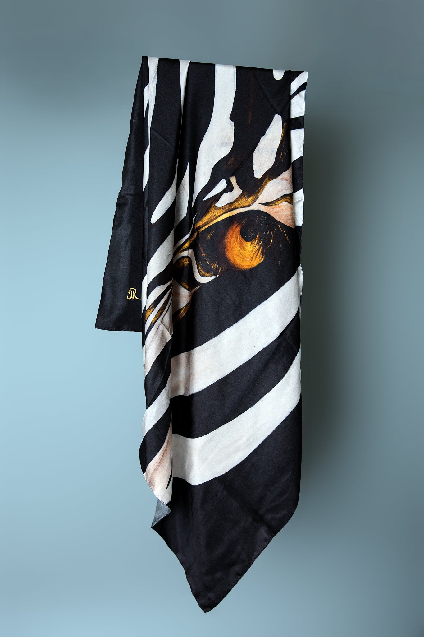 Zebra's Gaze – Silk Twill Scarf | Wildlife Conservation Art by Josie Ryan - Draped View